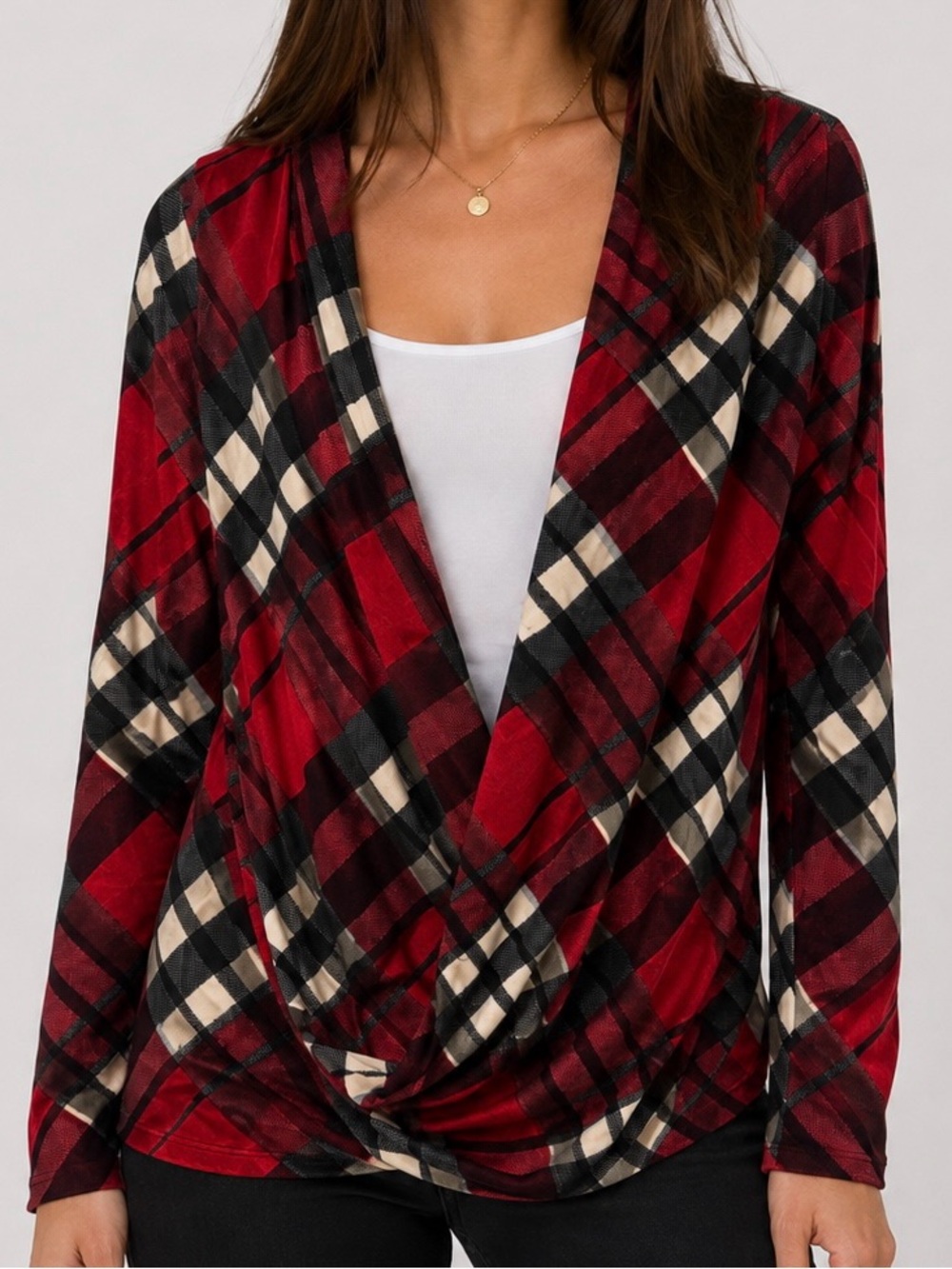 VENUS Red Black Plaid Draped Crossover Top Tartan Long Sleeve | Small - Picture 1 of 4